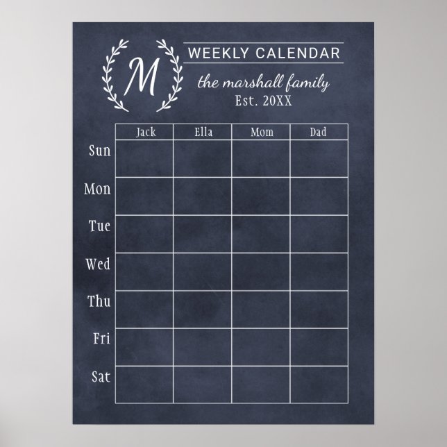 Weekly Family Calendar | Chalkboard Monogram Poster (Front)