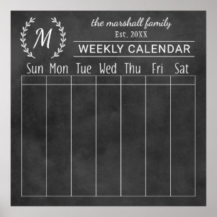 Weekly Family Calendar   Chalkboard Monogram Poster