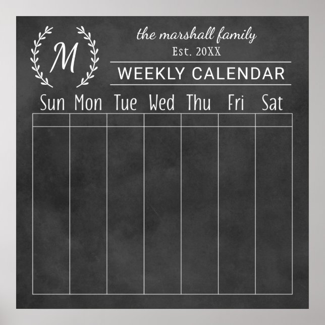 Weekly Family Calendar | Chalkboard Monogram Poster (Front)