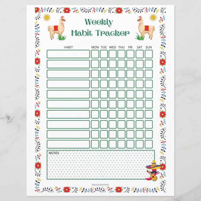 Weekly Habit Tracker Printable - Lama Edition (Front)