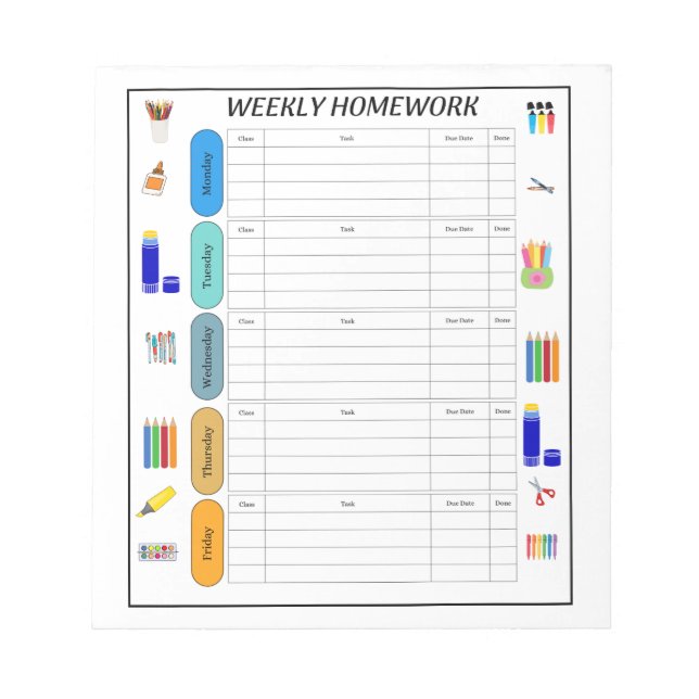 WEEKLY HOMEWORK NOTEPAD (Front)