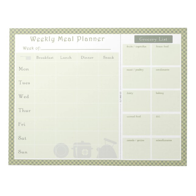 Weekly Meal Planner Green Chequered Notepad (Front)