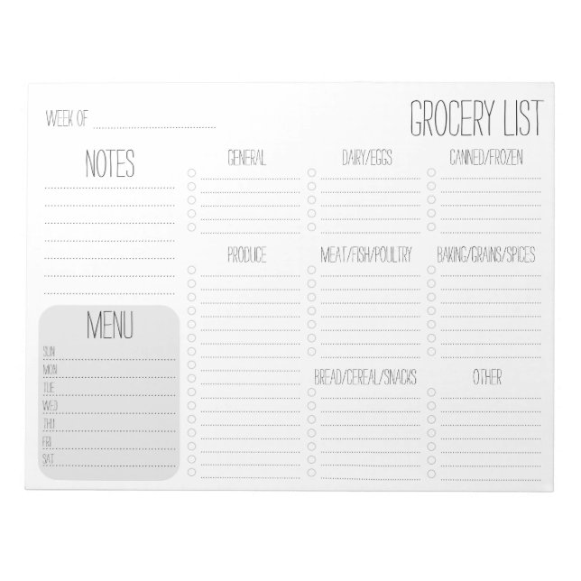 Weekly Meal Planner Grocery List Notepad (Front)
