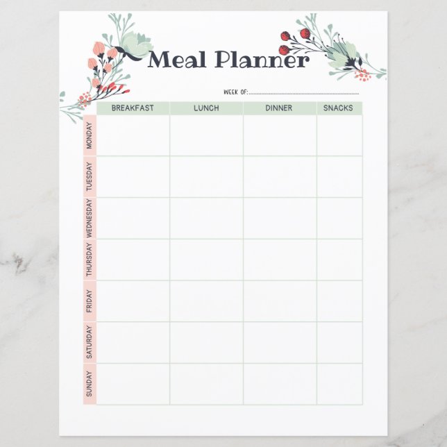 Weekly Meal Planner in Cute Floral Style (Front)
