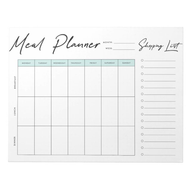 Weekly Meal Planner with Shopping List Notepad (Front)