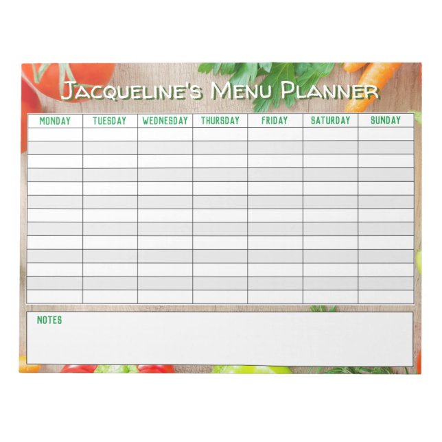 Weekly Menu Planner to Personalise. Notepad (Front)