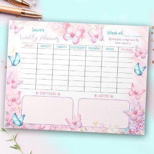 Weekly Planner Butterfly Pink Purple Floral Name Notepad