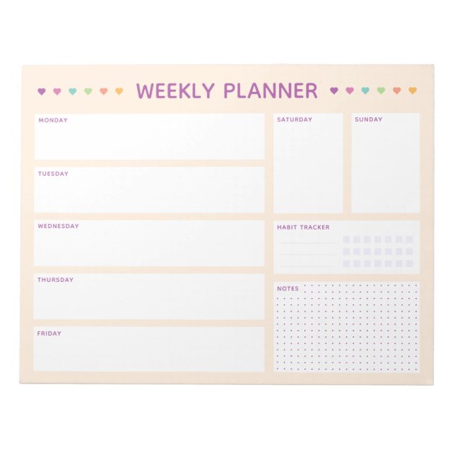 Weekly Planner Colorful Hearts Purple Text Notepad (Front)
