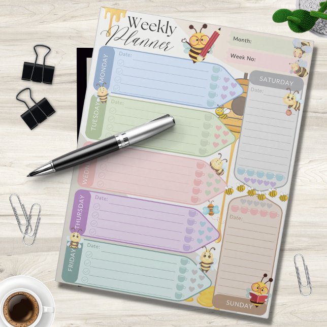 Weekly Planner Cute Bee Honey Themed Multicolored  Notepad (Creator Uploaded)