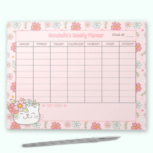 Weekly Planner Cute Cat Pink Floral Name Tear Away Notepad