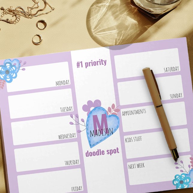 Weekly Planner Daily To Do Lilac Doodles Monogram Notepad (Creator Uploaded)