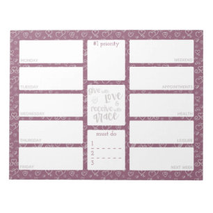 Weekly Planner Daily To Do List Purple Grey Hearts Notepad