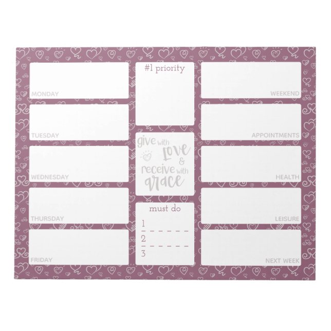 Weekly Planner Daily To Do List Purple Grey Hearts Notepad (Front)