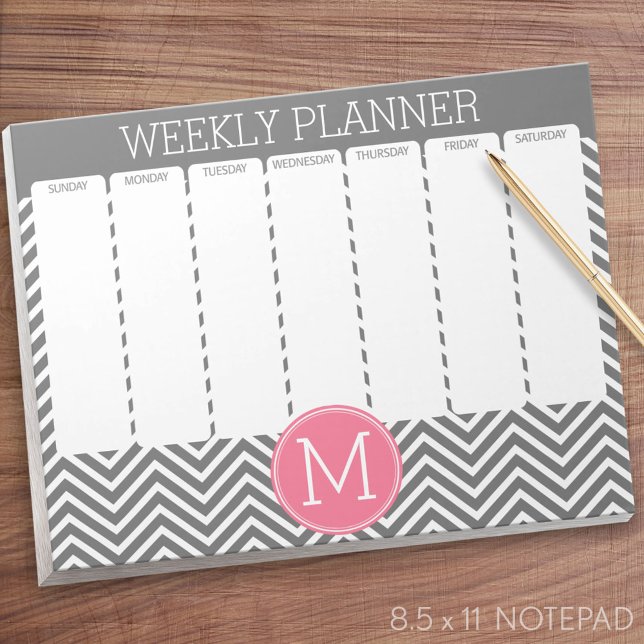 Weekly Planner Grey & Pink Chevrons with Monogram Notepad (Weekly Planner Notepad - Personalized)