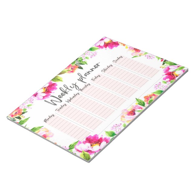 Weekly Planner in Bright Watercolor Floral Design Notepad (Angled)
