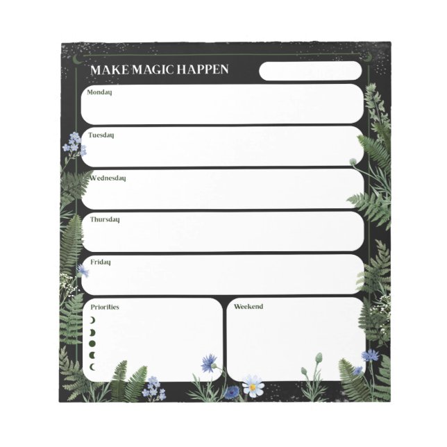 Weekly Planner Notepad – Dark Whimsical Design (Front)
