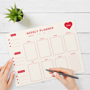 Weekly Planner Red Hearts Notepad with Name