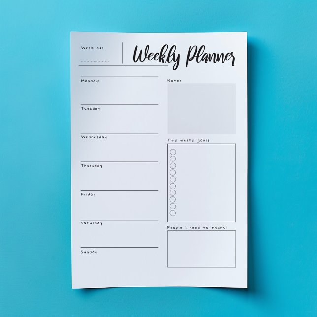 Weekly planner, to do, organizer notepad (Minimalist weekly planner pad with modern script and daily, goals, and gratitude sections.)