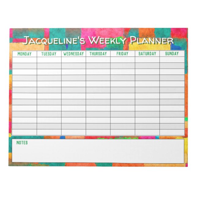 Weekly Planner to Personalise with Name Choice. Notepad (Front)