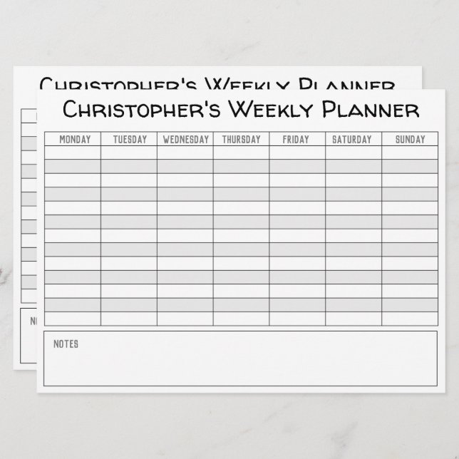 Weekly Planner to Personalise with Name on a Card (Front/Back)