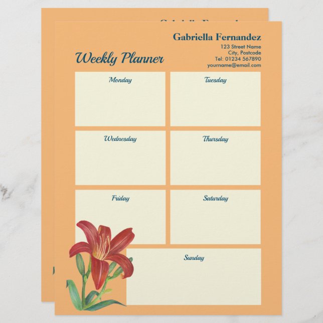 Weekly Planner Vibrant Watercolor Orange Lily Custom Letterhead (Front/Back)