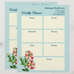 Weekly Planner Watercolor Pink and White Petunias Custom Letterhead