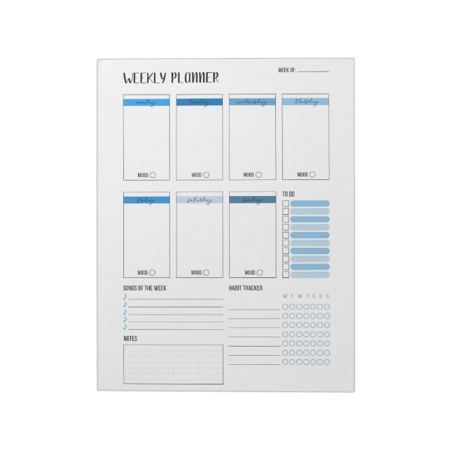 Weekly Planner with Monday start (Blue) 8.5 x 11" Notepad (Rotated)