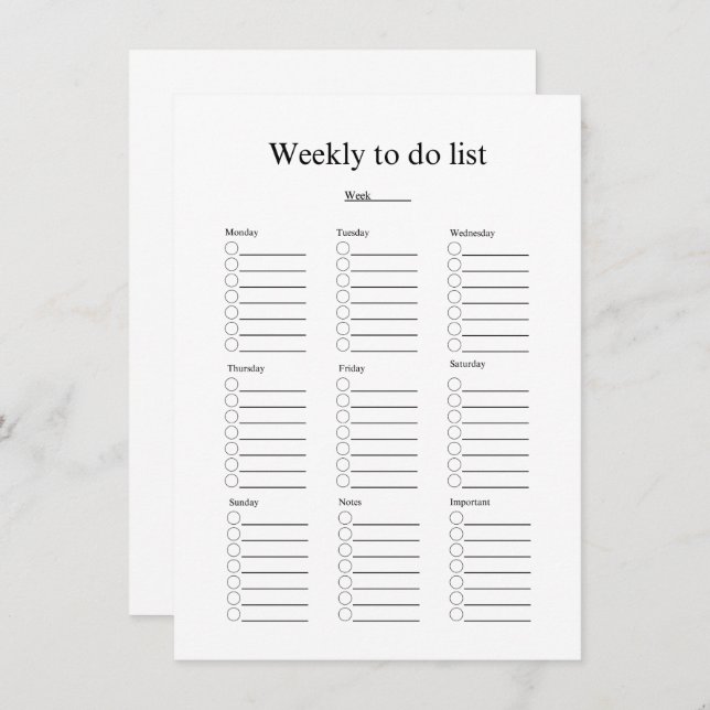 Weekly to do list card (Front/Back)
