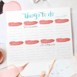 Weekly To Do List Planner | Coral and Aqua Notepad<br><div class="desc">Organise your week with our handy memo pad in chic coral and aqua! Design features "Things to Do" in watercolor brushstroke script lettering, with 5 lines for each day of the week, plus a bonus notes section. Fill in the "week of" at the top and jot down all your important...</div>