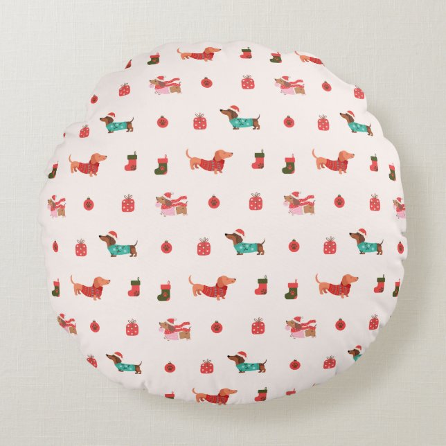 Weenie Dogs Christmas Pattern Round Cushion (Front)