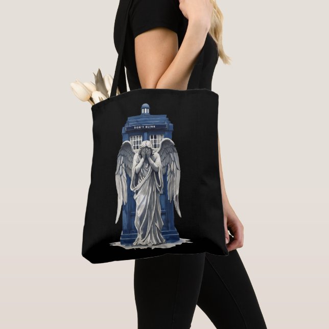 Weeping Angel with Blue Police Box 1 Tote Bag (Close Up)