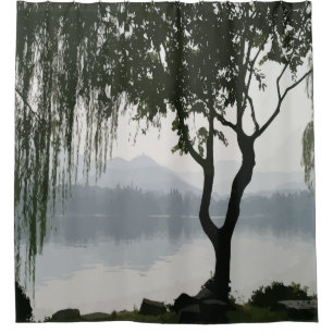 Weeping Willow Lake Mountain Landscape Black Grey Shower Curtain