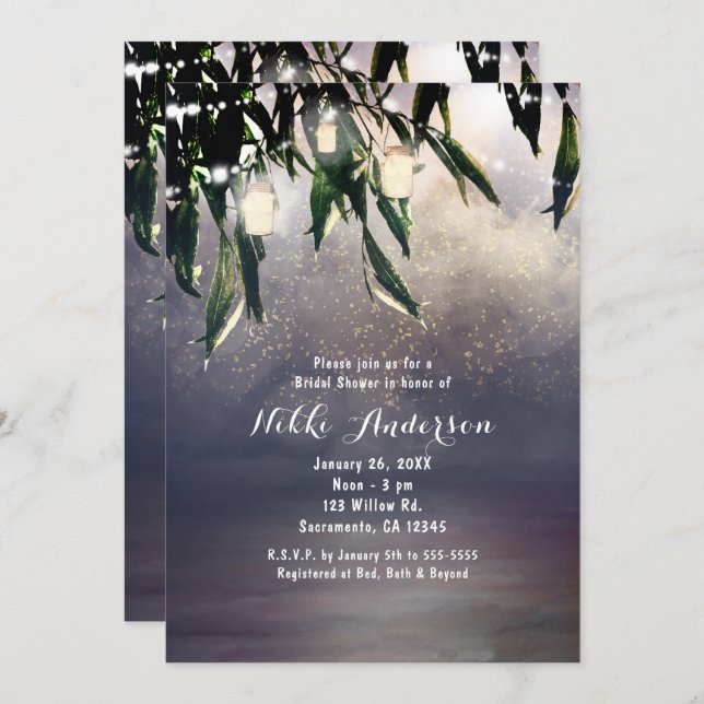 Weeping Willow Tree & Mason Jar Lights Invitations (Front/Back)