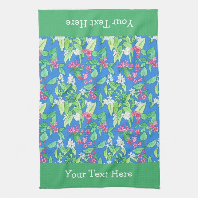 Weigela and Mock Orange Spring Blossoms on Blue Tea Towel (Vertical)