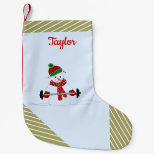 Weight Lifting Snowman Gold Stripes Small Christmas Stocking