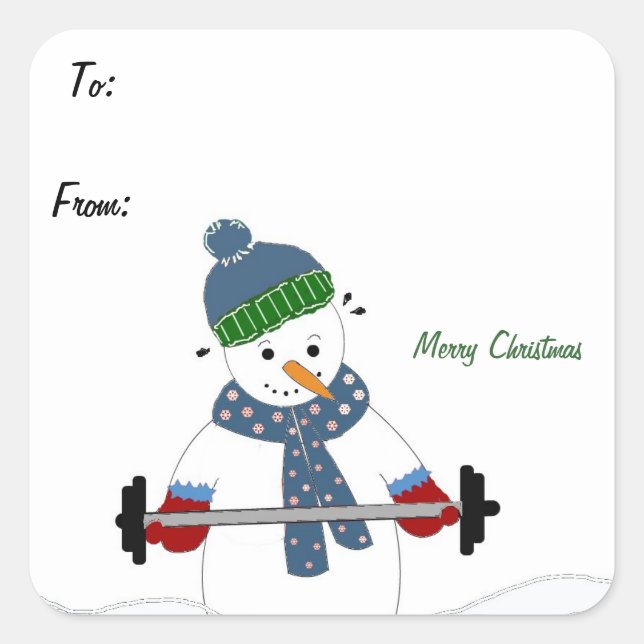 Weight Lifting Snowman Square Sticker (Front)