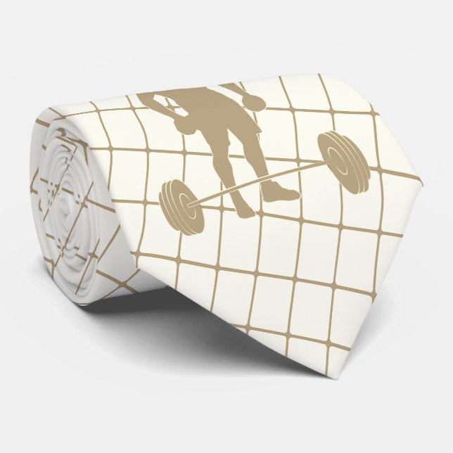Weightlifter and Weights on Tan Check Necktie (Rolled)