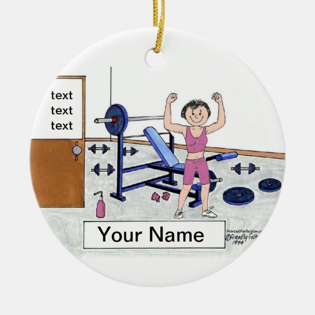 Weightlifter - Female, Personalised Cartoon Gift Ceramic Tree Decoration (Front)