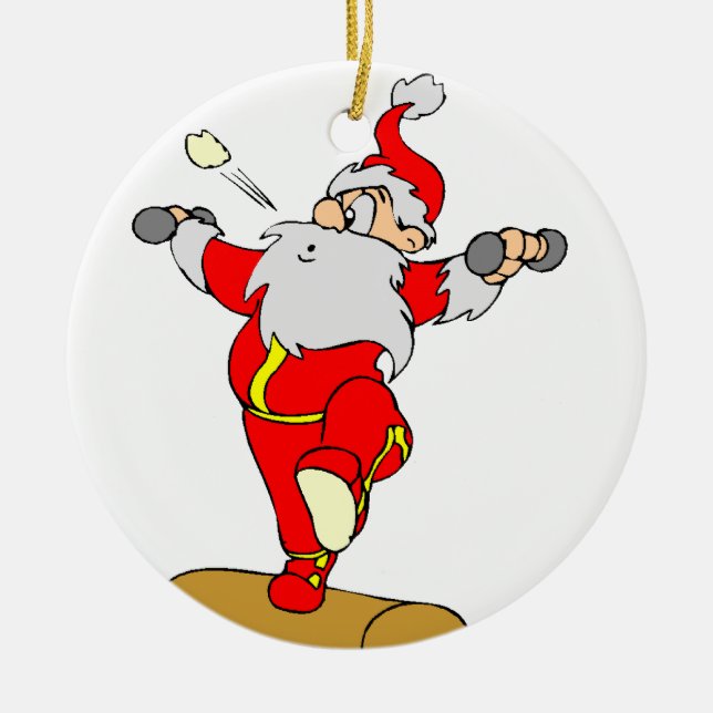 Weightlifting Cartoon Santa Ceramic Tree Decoration (Front)