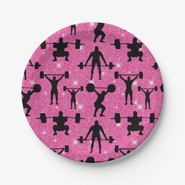 Weightlifting Fitness Workout Sport Pink Glitter Paper Plate (Front)