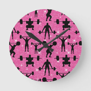 Weightlifting Fitness Workout Sport Pink Glitter Round Clock