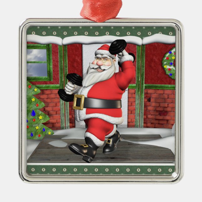 Weightlifting Santa Premium Square Ornament (Front)