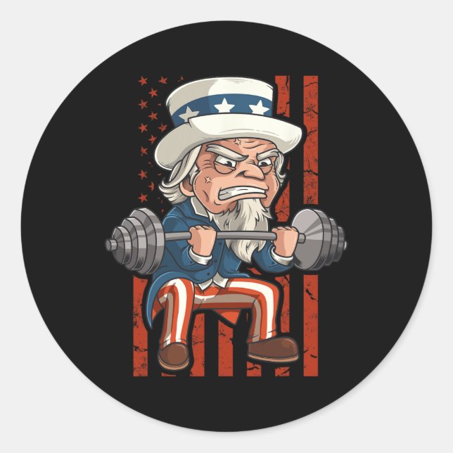 Weightlifting Uncle Sam Patriotic 4th Of July Gym  Classic Round Sticker (Front)
