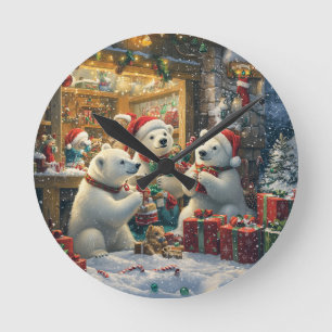 Weihnachtliche Eisbärenfamilie beim Geschenkeauspa Round Clock
