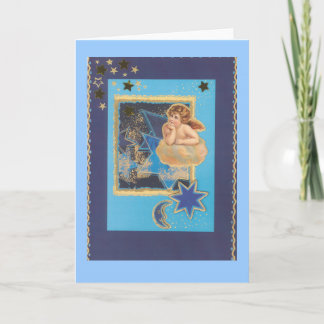 "Weihnachts-Engel auf Wolke in Blau" Holiday Card