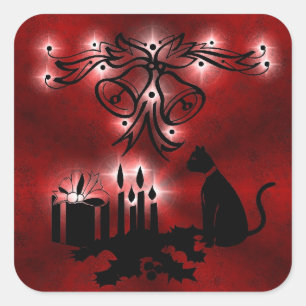 Weihnachts Ornamente mit Sterne und Katze auf rot Square Sticker