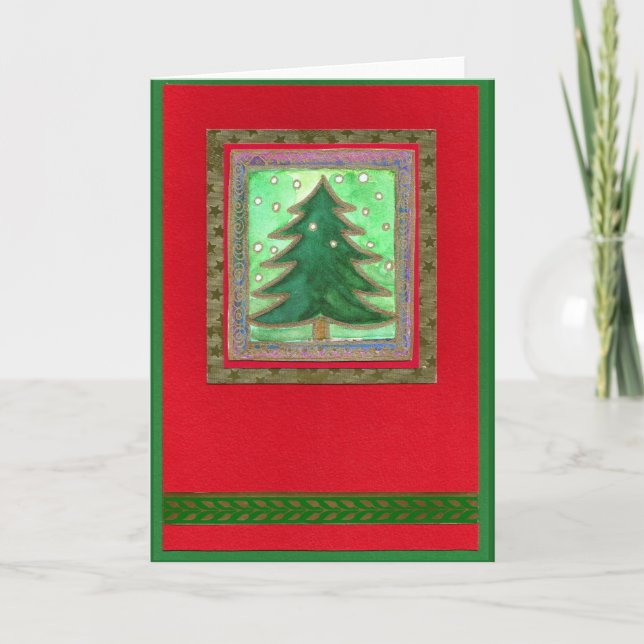 WEIHNACHTSBAUM-AQUARELL-COLLAGE-KARTE Grün auf Rot Holiday Card (Front)