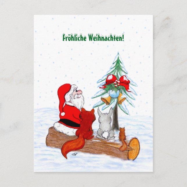 Weihnachtsmann Kaninchen Fox Eichhörnchen, Deutsch Holiday Postcard (Front)