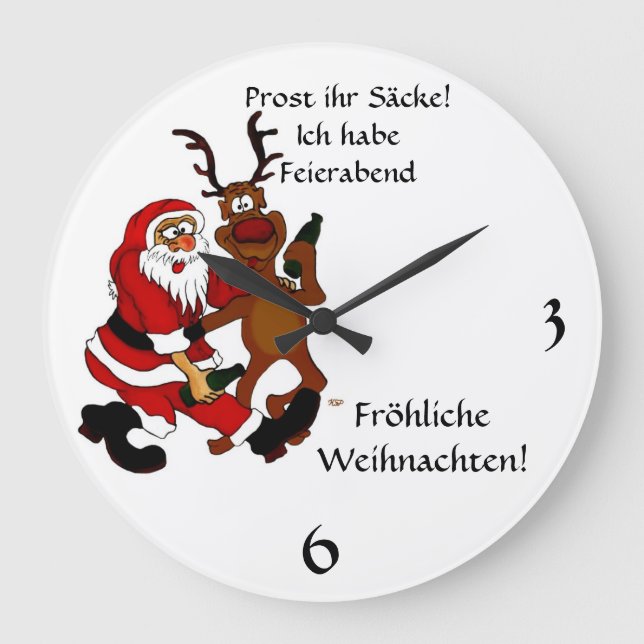 Weihnachtsmann mit Elch - Prost ihr Säcke! Large Clock (Front)