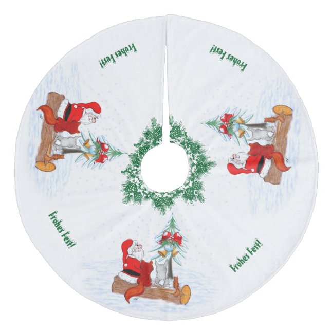 Weihnachtsmann mit Kaninchen Fox und Eichhörnchen Fleece Tree Skirt (Front)